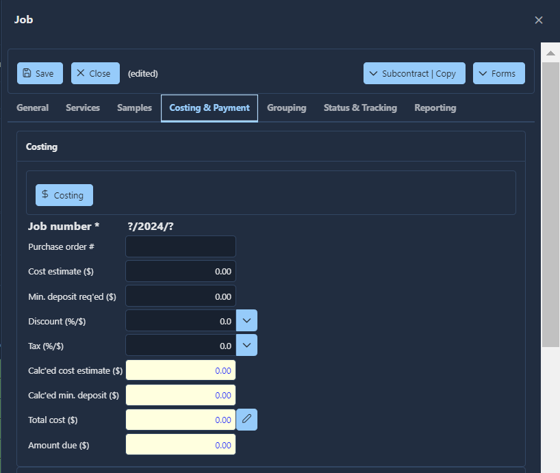 The Job window with the Costing & Payment tab selected