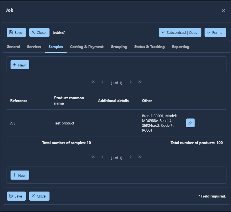 The Job window with the Samples tab selected