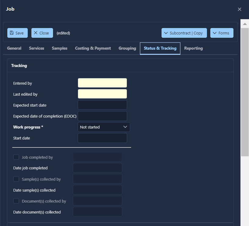 The Job window with the Status & Tracking  tab selected