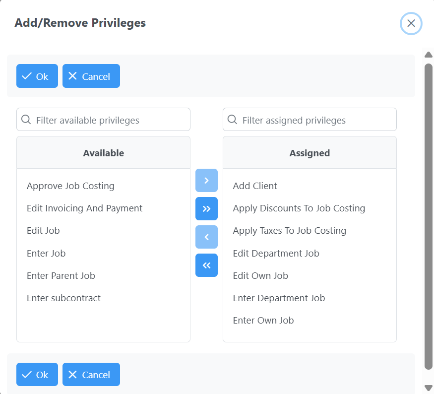 User Privilege Dialog